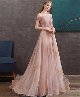 Picture of Pink Tulle A-line Off-the-shoulder Long Prom Dresses Lace Evening Dress, Pink Party Dress